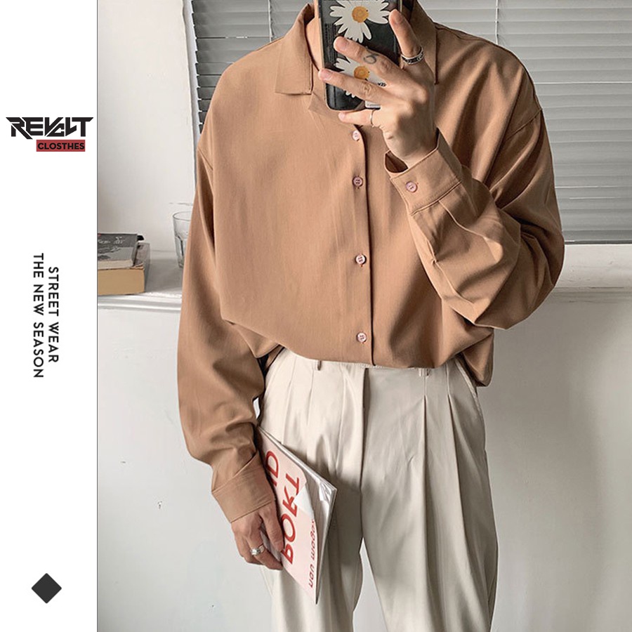 Áo sơ mi nam đẹp form rộng dài tay hàn quốc vải lụa cao cấp cổ vest dáng dài RevoltClothes S01