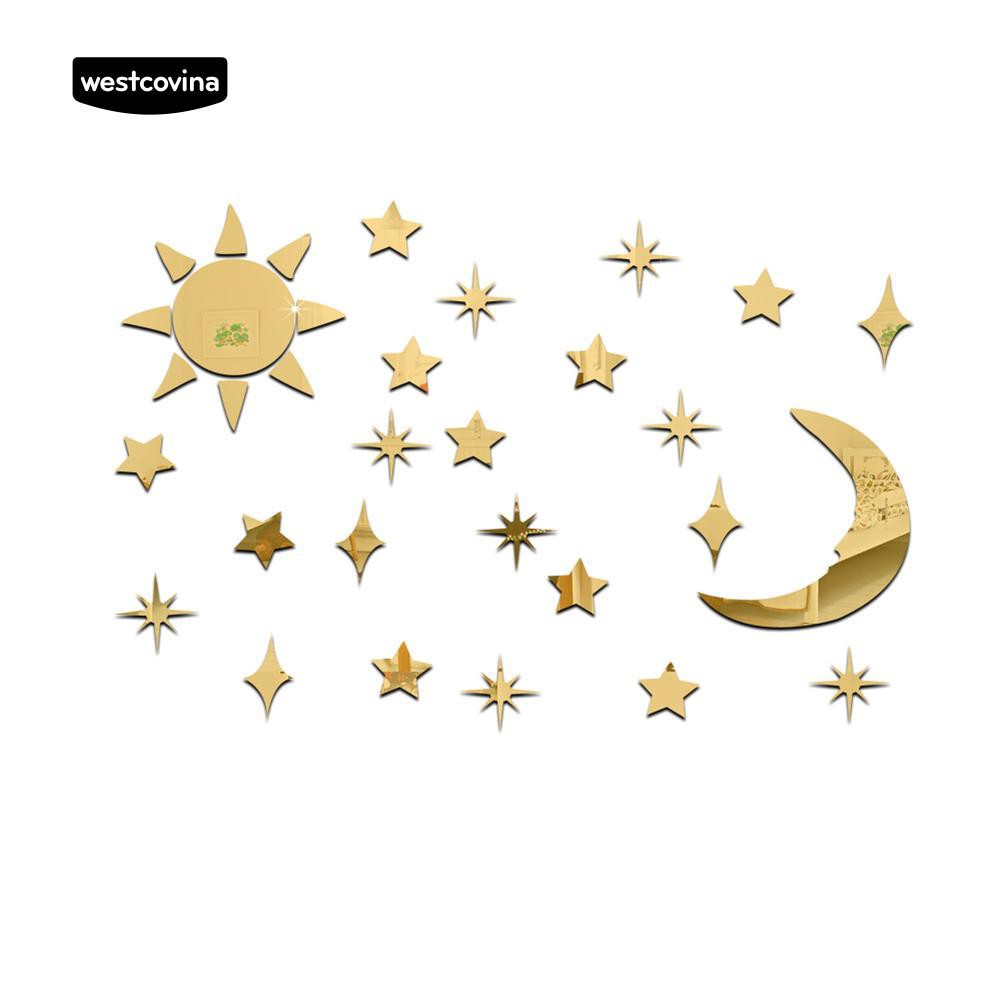 Bộ sticker dán tường mặt gương trang trí nhà cửa hình ngôi sao/mặt trời và mặt trăng