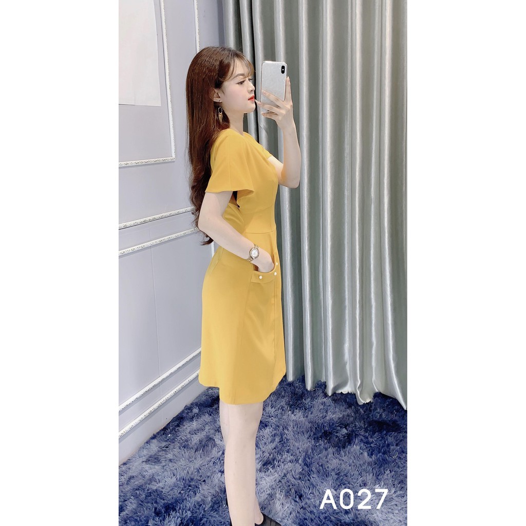 [Đồng giá 269k] Đầm Công Sở Dáng Suông Xẻ Ngực Có Túi - She Loves A027 Màu Vàng