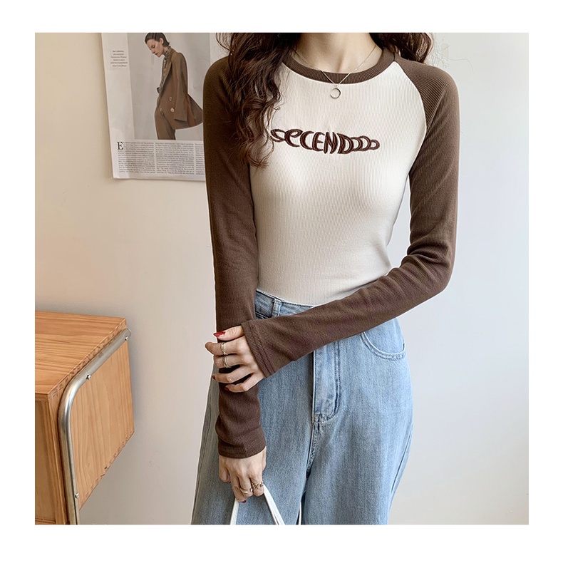 Áo Thun Dệt Kim Tay Dài Dáng Ôm In Họa Tiết Màu Sắc Tương Phản Thời Trang Mùa Thu Cho