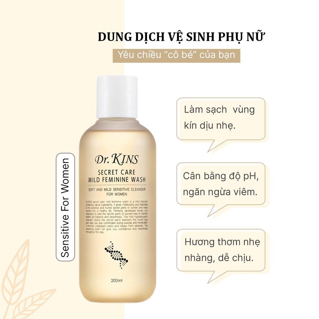 Dung Dịch Vệ Sinh Phụ Nữa Độ PH 5.5 Dưỡng Ẩm Dịu Nhẹ Drkins Secret Care Mild Feminine Wash 200ml- KOBE YOUNG