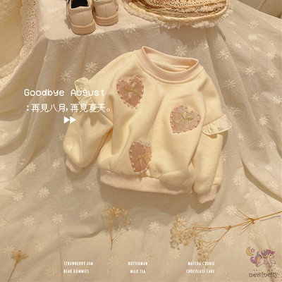 Áo sweater tay dài phối bèo đính ngọc trai giả thời trang Hàn Quốc đáng yêu cho bé gái