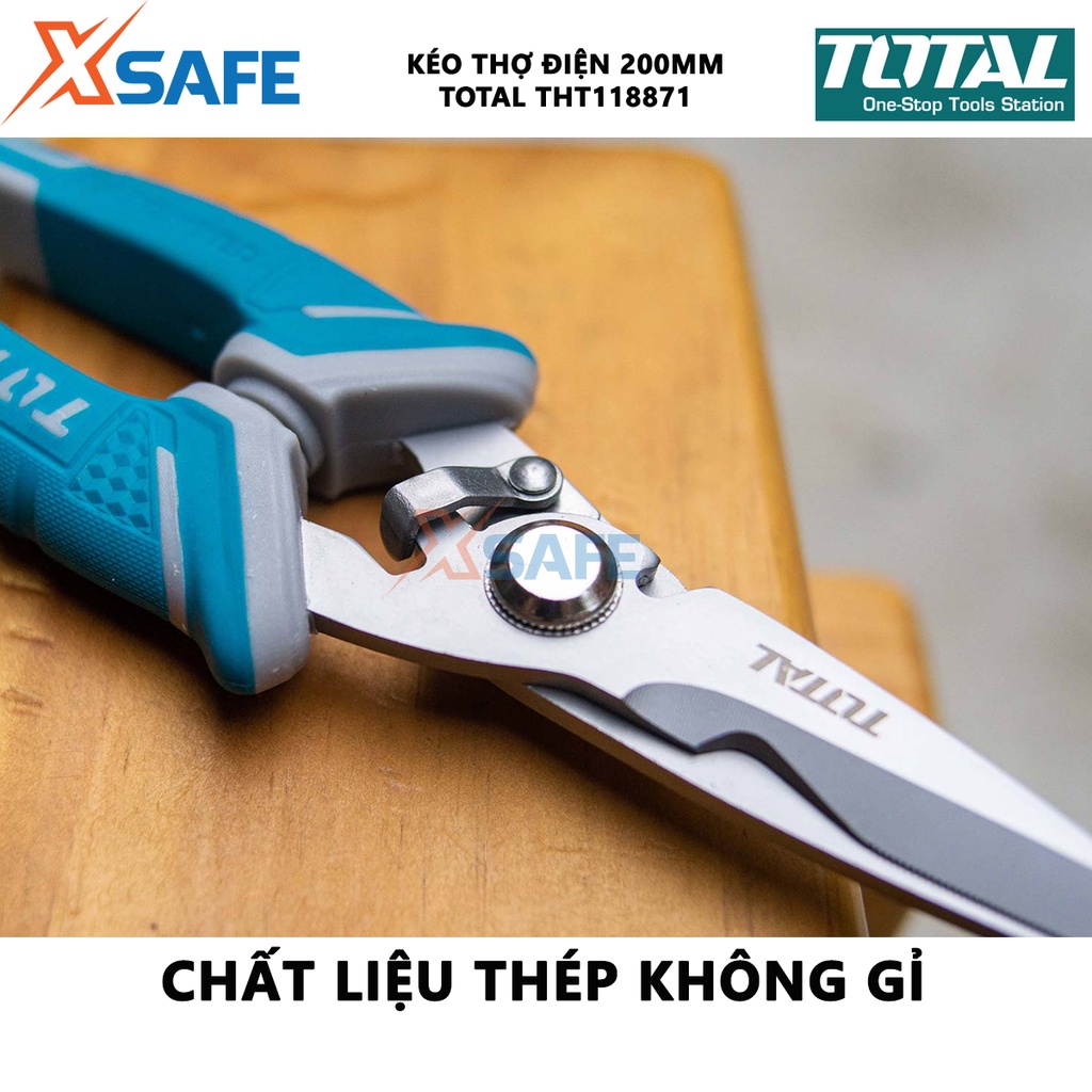Kéo thợ điện TOTAL THT118871 200mm Kéo mini cho thợ điện thép không gỉ, lưỡi kéo có răng, tay cầm thiết kế độc đáo