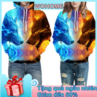 Áo Khoác Hoodie Chui Cổ Nam Nữ In Hình Chó Sói 3D
