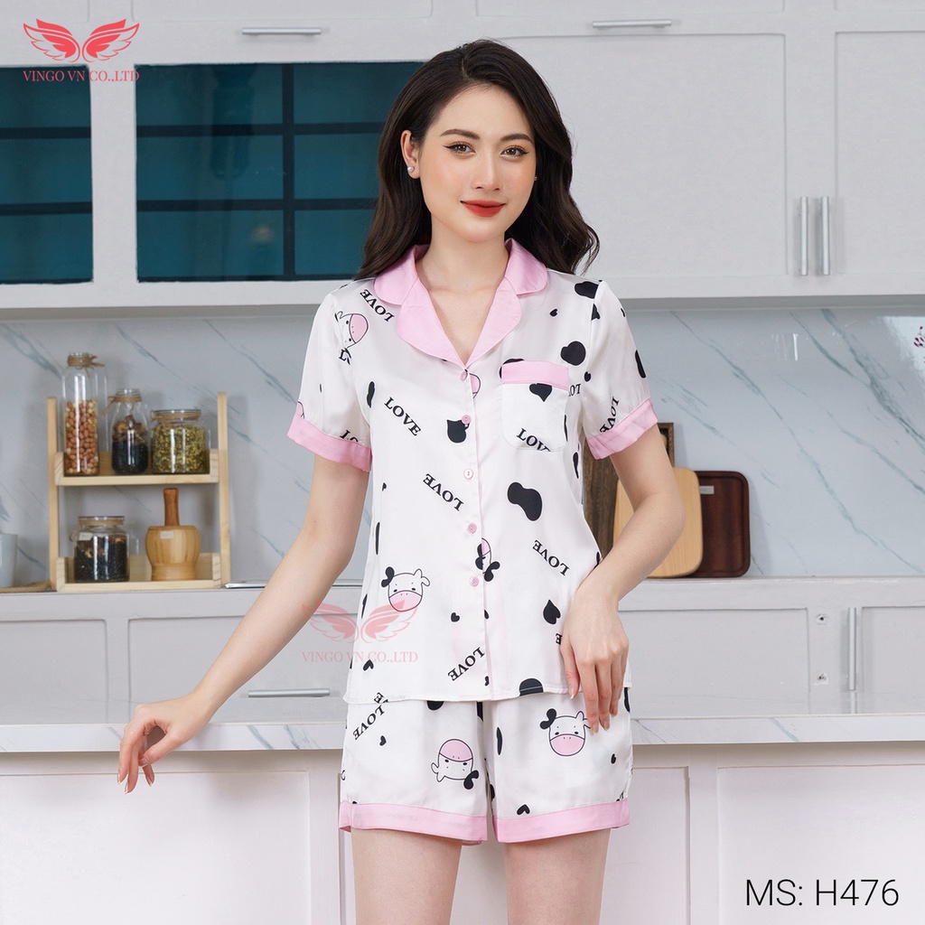 Đồ Bộ Nữ Pijama Mặc Nhà VINGO Lụa Pháp Cao Cấp Tay Cộc Quần Cộc Họa Tiết Bò Sữa Hồng Love Trẻ Trung Mùa Hè H476 VNGO