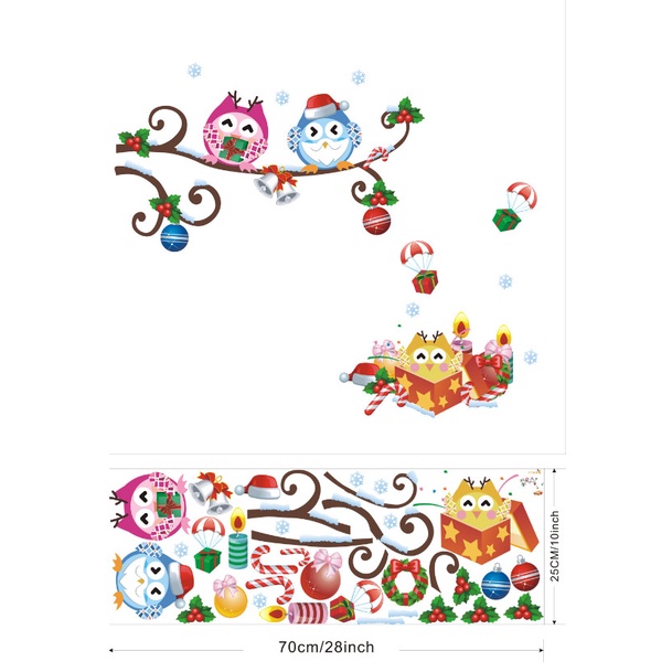 Decal trang trí tường - 3 Chú cú sắc màu đón noel
