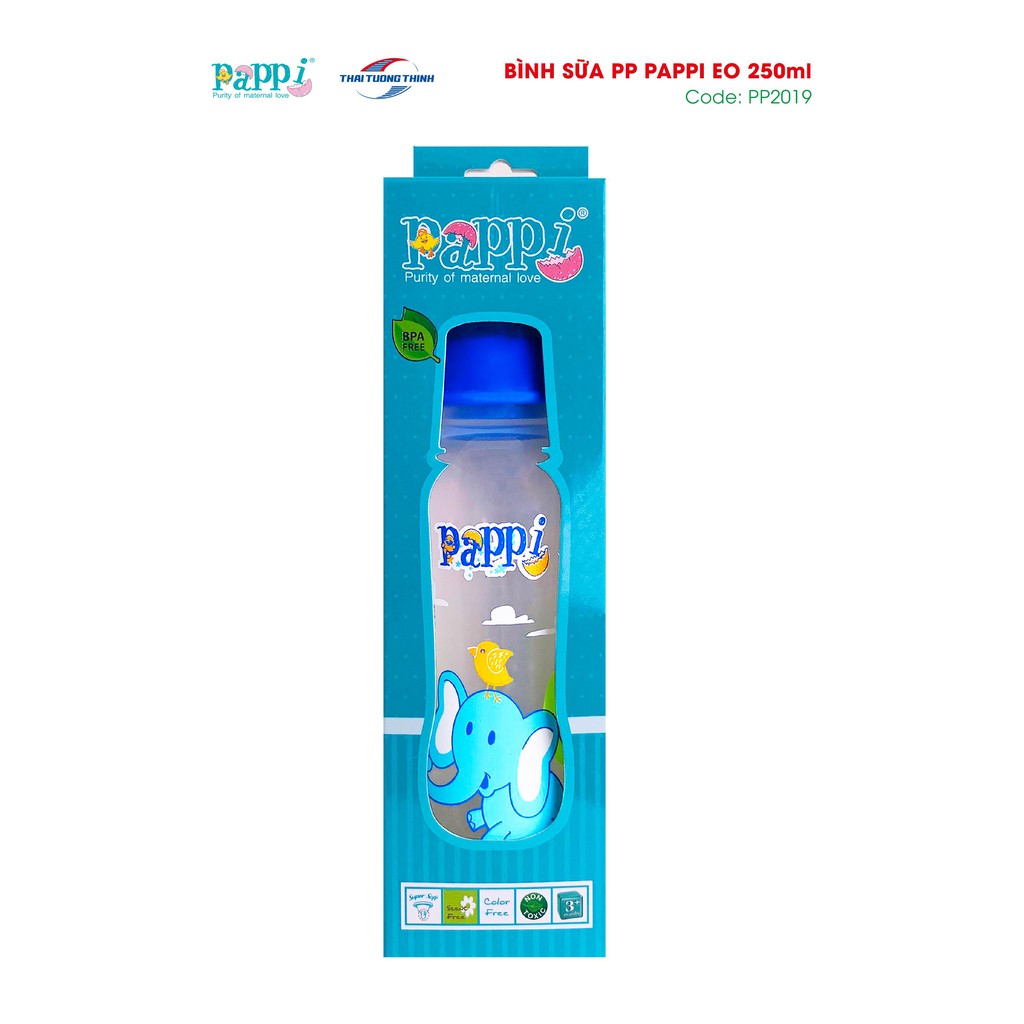 Bình sữa cổ hẹp, Bình sữa sơ sinh trẻ em Pappi nhựa PP 60ml - 125ml - 250ml Thái Lan ( mẫu mới)