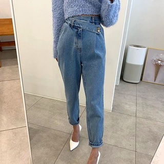 Fast delivery · [fashion essential]]✈️ Korean East Gate 2022chic spring niche design irregular diagonal buckle high waist wide casual jeans blue tight slimming all-match tannin trousers for women