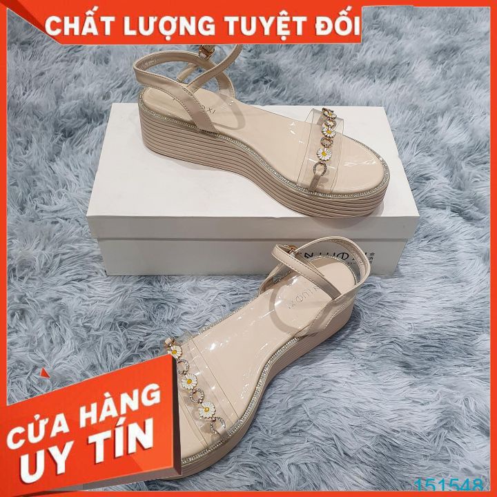 Giày Sandal Đế Bằng 4 Phân Da Bóng Quai Ngang Trong Đính Hoa 151548 ZABUB