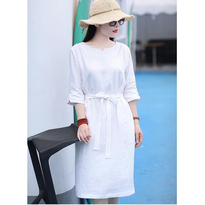 Đầm suông linen tay lỡ màu trắng đai rời, chất vải linen mềm mát, thời trang phong cách Hàn Quốc