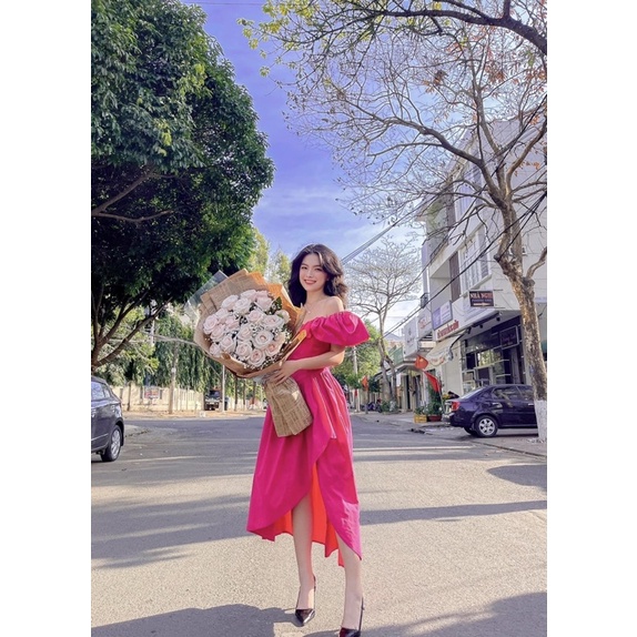 Váy Hồng Bẹt Vai Xẻ Tà Bầu Thiết Kế - Hàng Loại 1