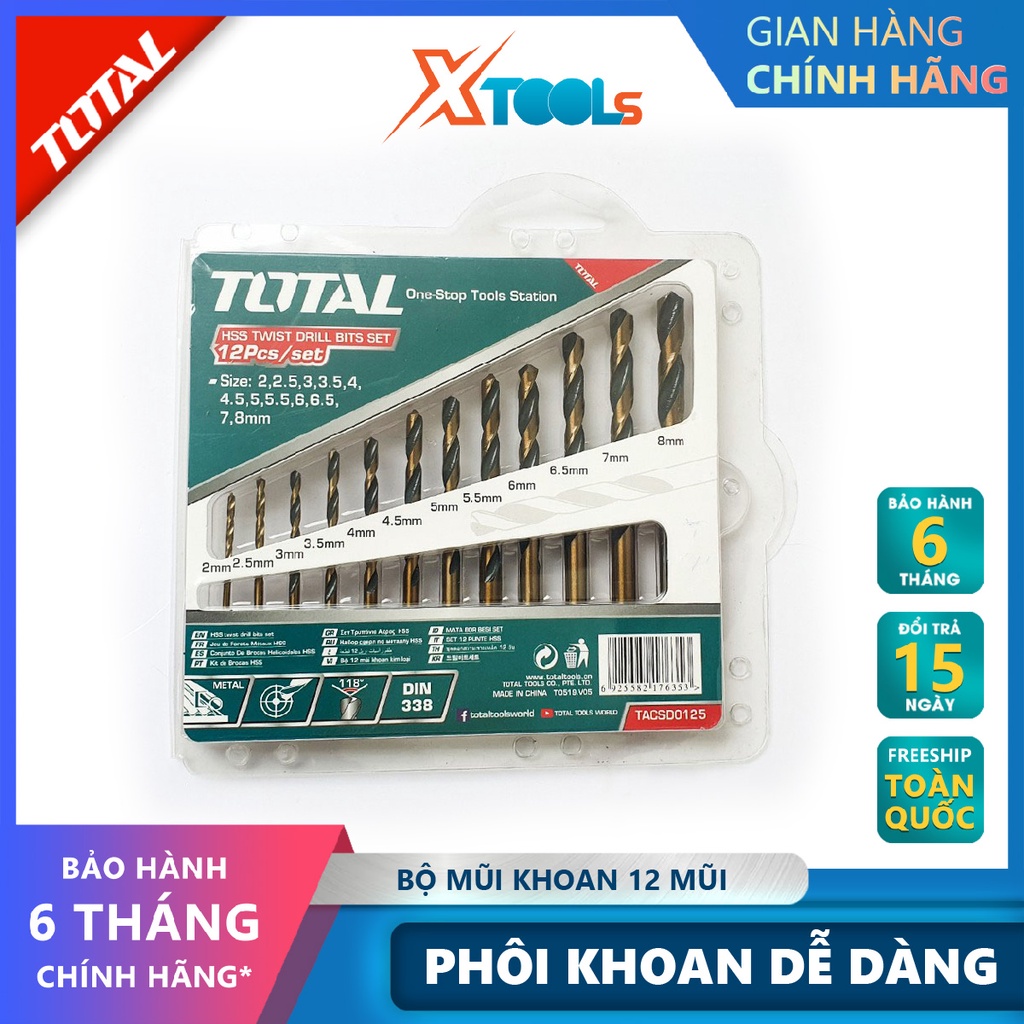 Bộ mũi khoan kim loại HSS 12 chi tiết TOTAL TACSD0125 bộ 12 dao phay ngón Chất liệu thép HSS, khả năng chống mòn, Hộp 12