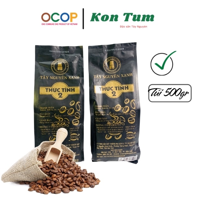 Cà Phê Rang Xay Nguyên Chất - Coffee Sạch Pha Phin Thức Tỉnh 2 - Tây Nguyên Xanh - Đóng gói 500gr - Chuẩn  OCOP kon tum