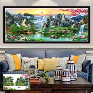  Tranh Thêu Chữ Thập Phong Cảnh 3D Lưu Thủy Sinh Tài KT:120x55cm