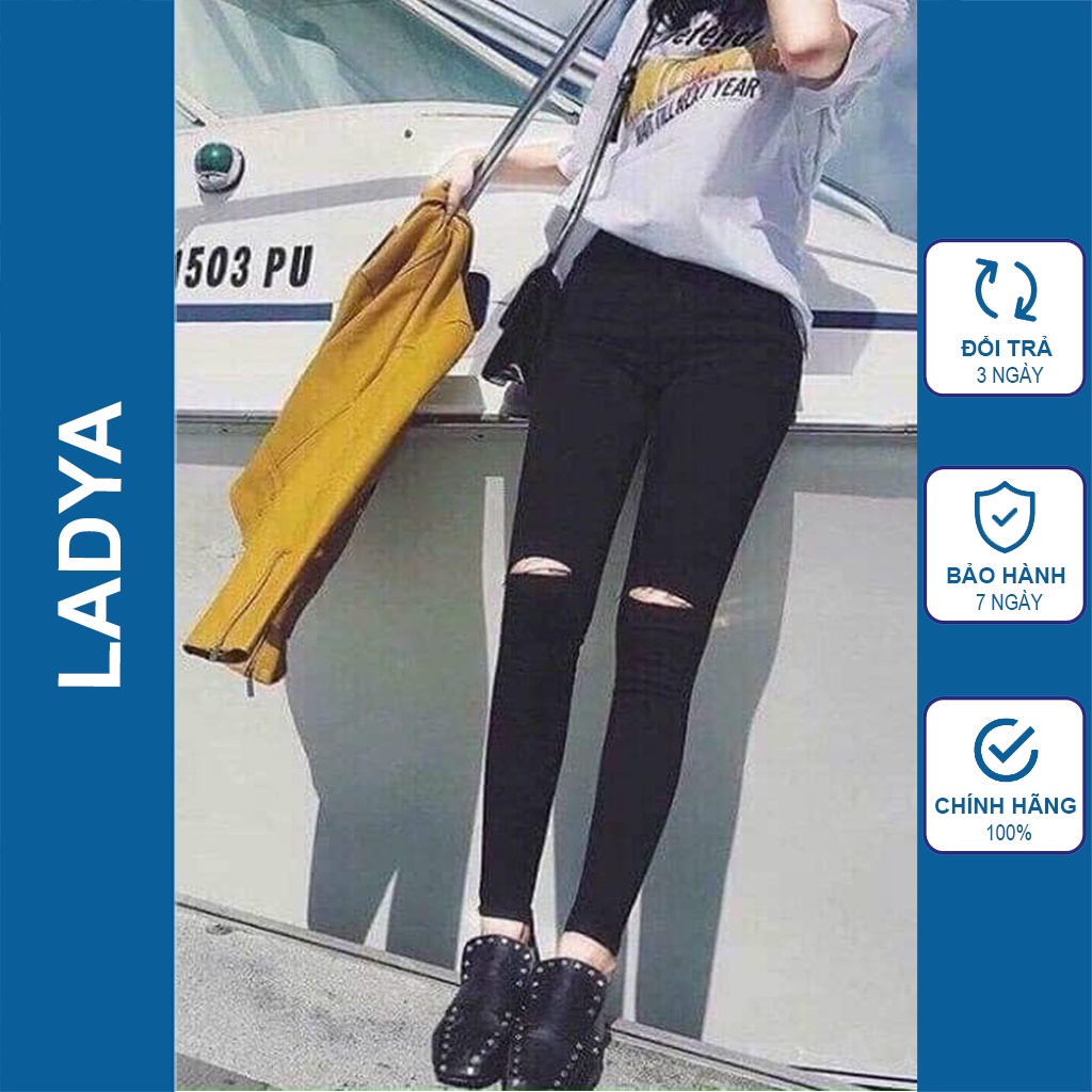 Quần jean nữ, Quần bò rách trên gối lưng cao siêu co giãn tôn dáng thời trang LADYA STORE M53