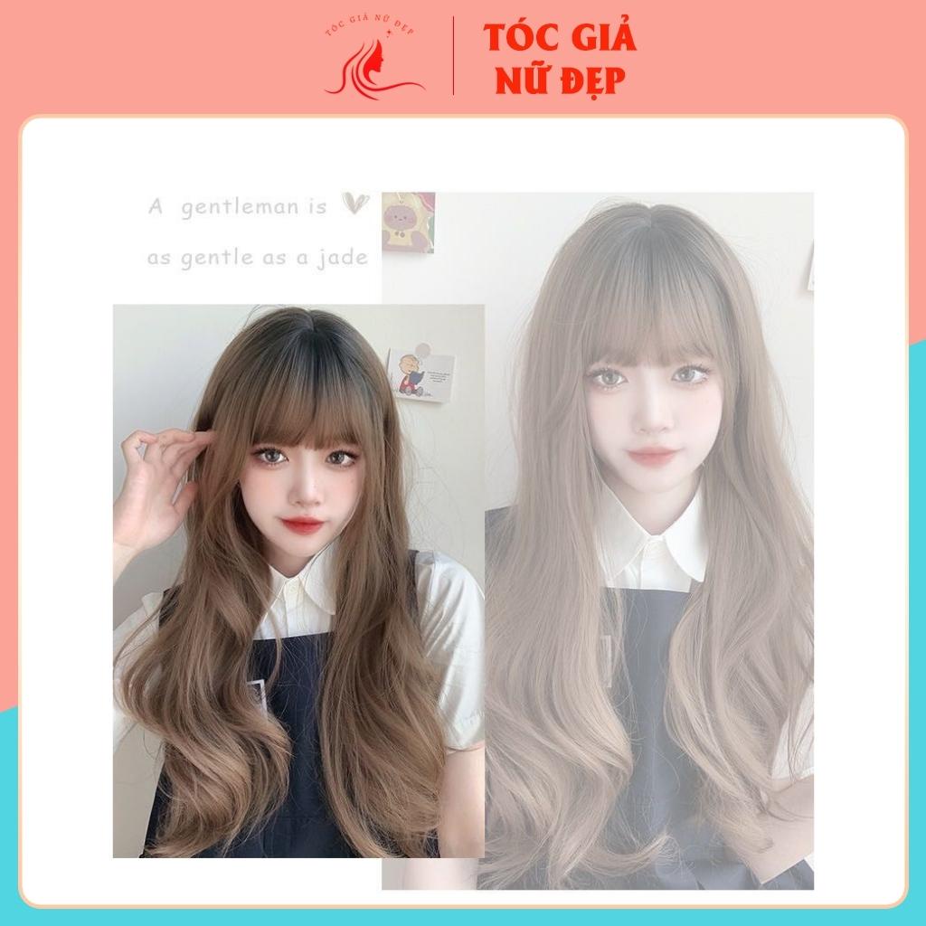 Tóc giả nữ nguyên đầu nhuộm chân đen xoăn nhẹ, tặng kèm lưới trùm tóc.