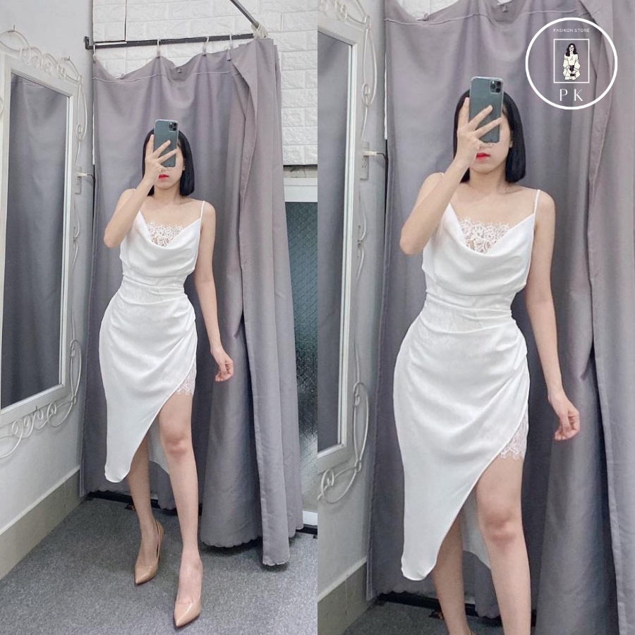 Đầm Cổ Đổ Vạt Xéo Ren Ngực (TRẮNG+ĐEN)
