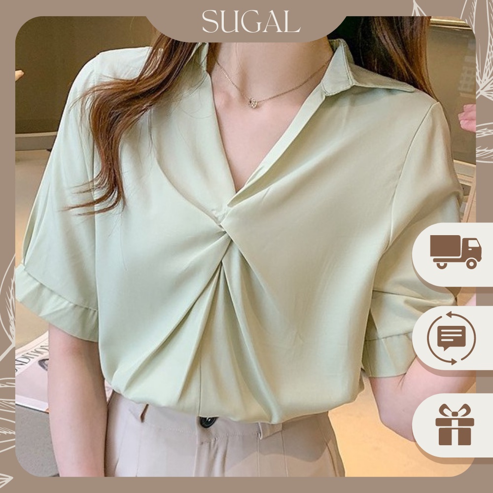 [Kèm Video SP] Áo Sơ Mi Nữ Cao Cấp Tay Lỡ Trơn Màu Phối Xoắn Ngực Kiểu Dáng Trẻ Trung Thời Trang Sugal SO MI NU 008V9