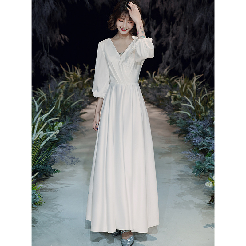 Satin wedding dress new white long sleeve host banquet simple evening dress female | BigBuy360 - bigbuy360.vn
