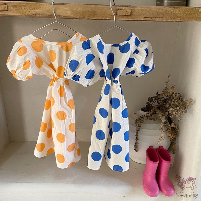 Đầm Tay Phồng Ngắn Họa Tiết Chấm Bi Thời Trang Mùa Hè Hàn Quốc Cho Bé Gái