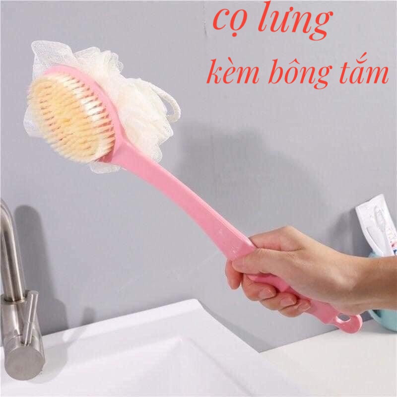 Cọ lưng kèm bông tắm tạo bọt 2 mặt, cây cọ lưng cán dài cầm tay 1mặt  tẩy da chết 1 mặt  tạo bọt