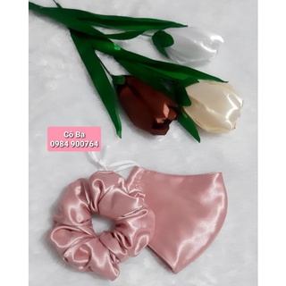 combo khẩu trang vải lụa kèm cột tóc (nhiều màu)