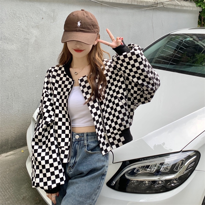 Áo khoác bóng chày sọc ca rô thời trang Retro cá tính cho nữ
