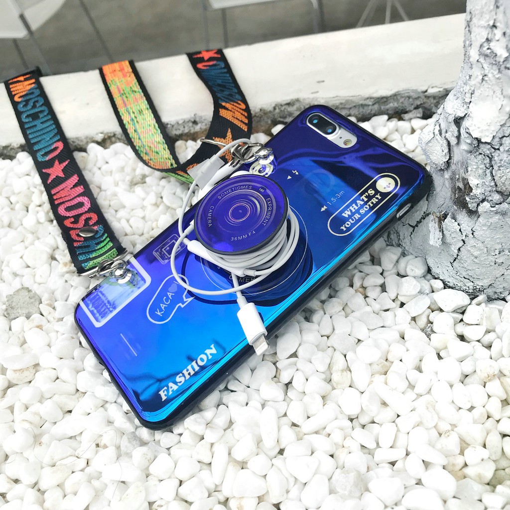 Ốp điện thoại TPU với giá đỡ hình Camera + dây đeo thích hợp cho iPhone 5 5S 6 6s 7 8 Plus XR X