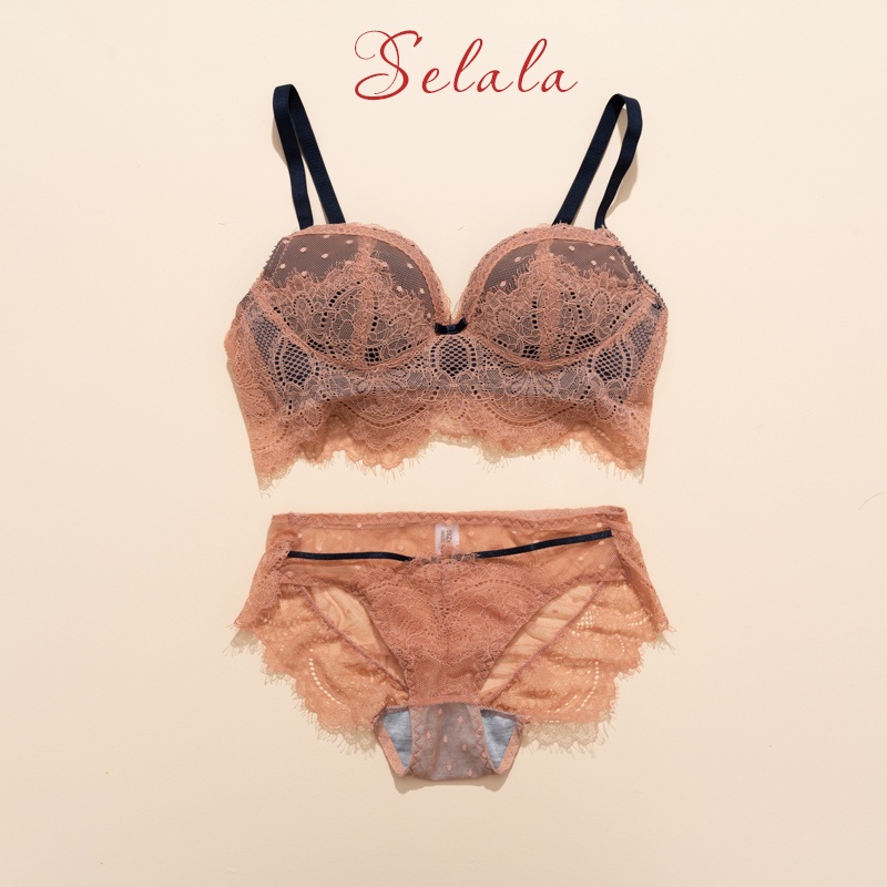Set Đồ Lót Ren Selala Không Gọng Đính Nơ Cúp Ôm Ngực Thoải Mái SET19