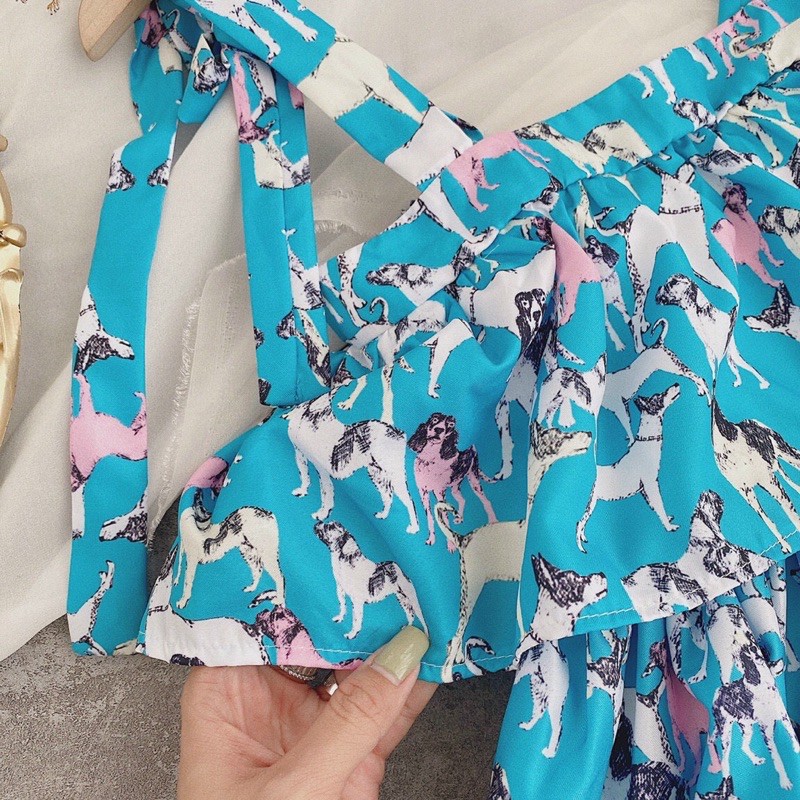 Đầm 2 dây tầng hoạ tiết sặc sỡ