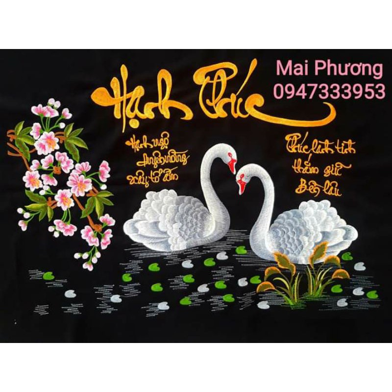 (Tranh thêu sẵn, kích thước 50*70). Tranh thêu HẠNH PHÚC là tranh "ĐÃ THÊU SẴN" về chỉ việc đóng khung.