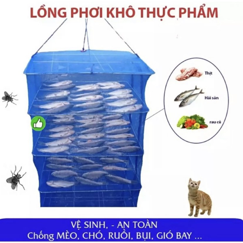 [FREESHIP] Lồng lưới phơi khô thực phẩm phơi cá chống côn trùng treo 4 tầng để phơi cá khô có thể xếp gọn.