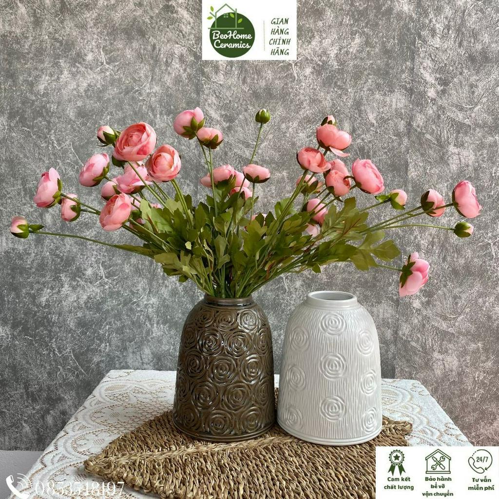 Bình hoa lọ hoa dáng chuông khắc hoa hồng Thủ công gốm sứ Bát tràng