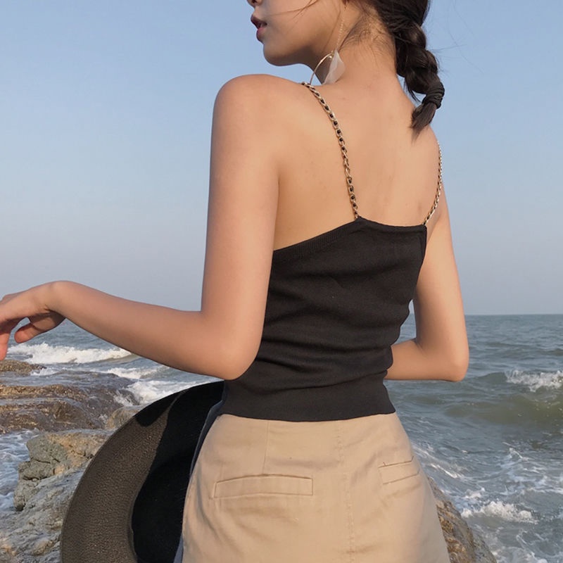 Áo không tay dáng ôm phối dây xích thời trang mùa thu Hàn Quốc 2020 mới cho nữ