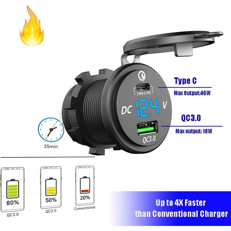 Ổ cắm sạc nhanh USB 3.0 loại C PD 48W 18W cho xe hơi / tàu thuyền / xe máy