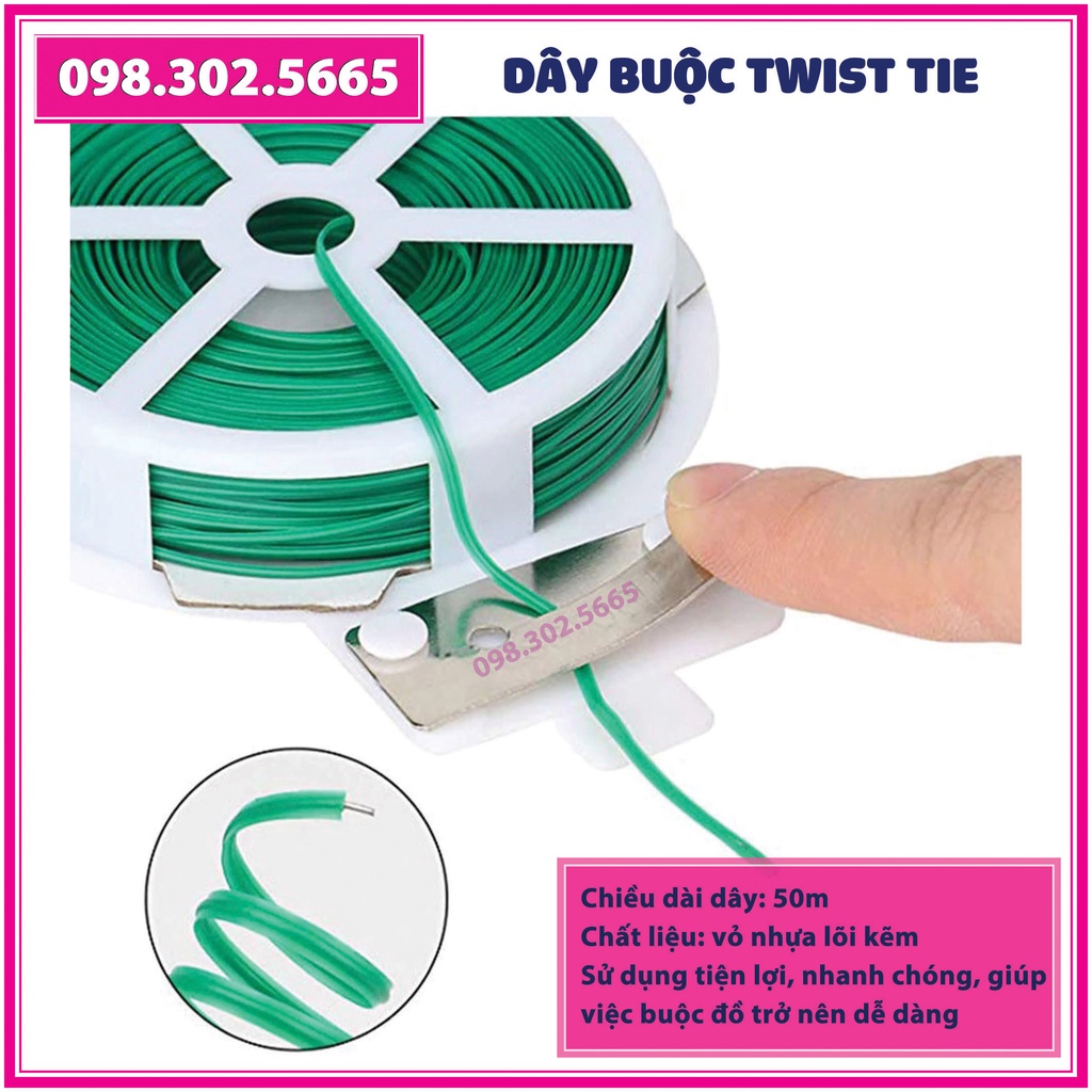 Combo 2 Cuộn dây buộc đồ đa năng Twist Tie GX-001, 50m (Dây nhựa, lõi kẽm)