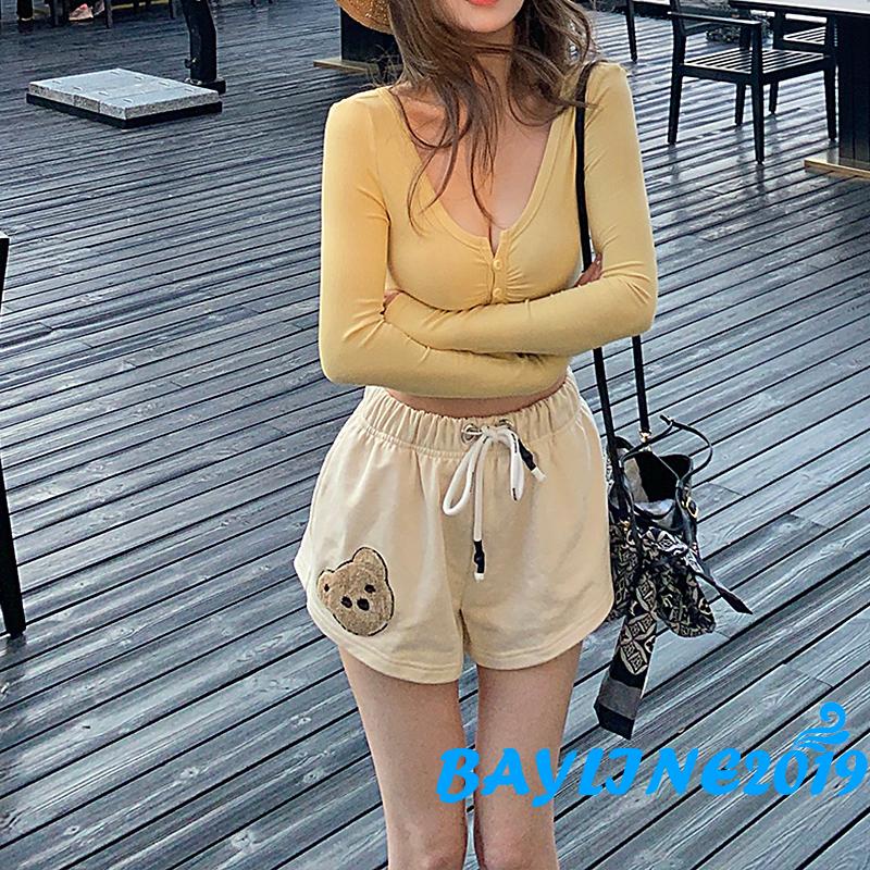 Quần short nữ lưng thun thêu hình gấu đáng yêu
