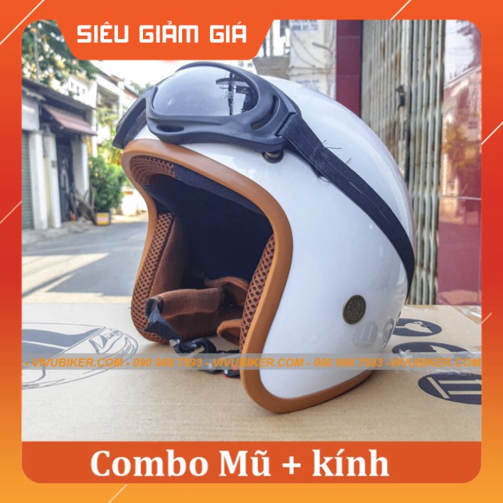 KHO SG-  Mũ nón bảo hiểm 3/4 Ntmax trắng lót nâu kèm kính UV cá tính - Mũ bảo hiểm 3/4 giá rẻ màu trắng lót nâu kèm kính