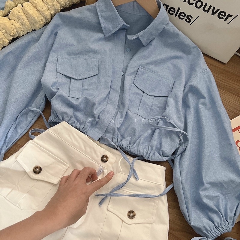 Set áo croptop sơmi tay phồng dài bo eo + quần short trắng MYAH HOUSE