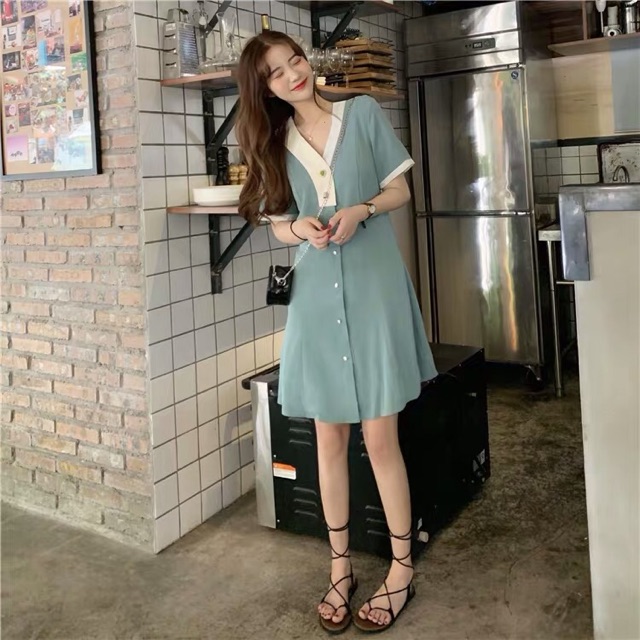 (Order) bigsize M-4XL Đầm cổ V viền trắng phối cúc cách điệu độc đáo thanh lịch tone màu xanh/hồng pastel