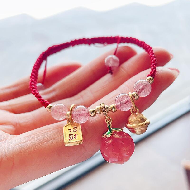 Vòng tay bện màu đỏ đính đá pha lê dâu tây thời trang xuân hè cho nữ