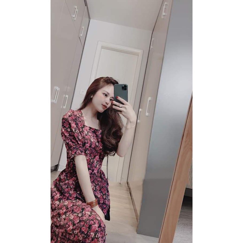 VNU239 - VÁY HOA TÍM HỒNG CỔ VUÔNG | BigBuy360 - bigbuy360.vn