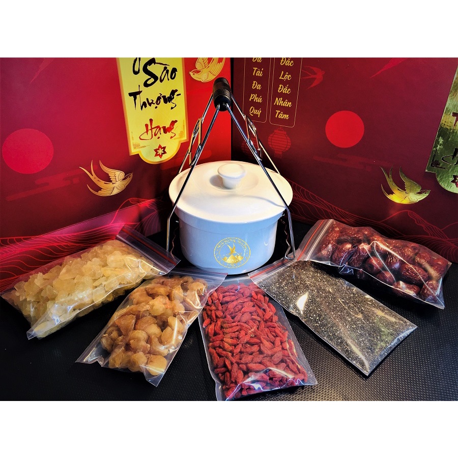 Thố sứ 450ml kèm gắp inox chống bỏng và nguyên liệu chưng yến 5 món caocấp Đường phèn Hạt chia Úc Táo đỏ Long nhãn Kỷ tử