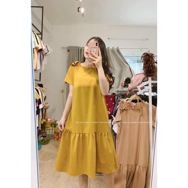 xả Váy bầu thiết kế dáng dài phối nơ vai sang chảnh