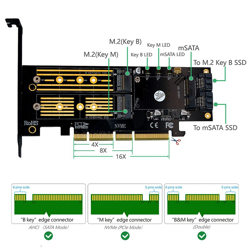 Upgrade Version 3 in 1 Msata and M.2 NGFF NVME SATA SSD to PCI-E 4X and SATA3 Adapter with Cooling Heat Heatsink Gold