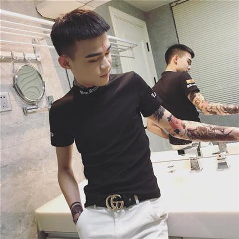 Áo nam Tay Ngắn Cổ Cao Có Thêu Chữ Thời Trang Phong Cách