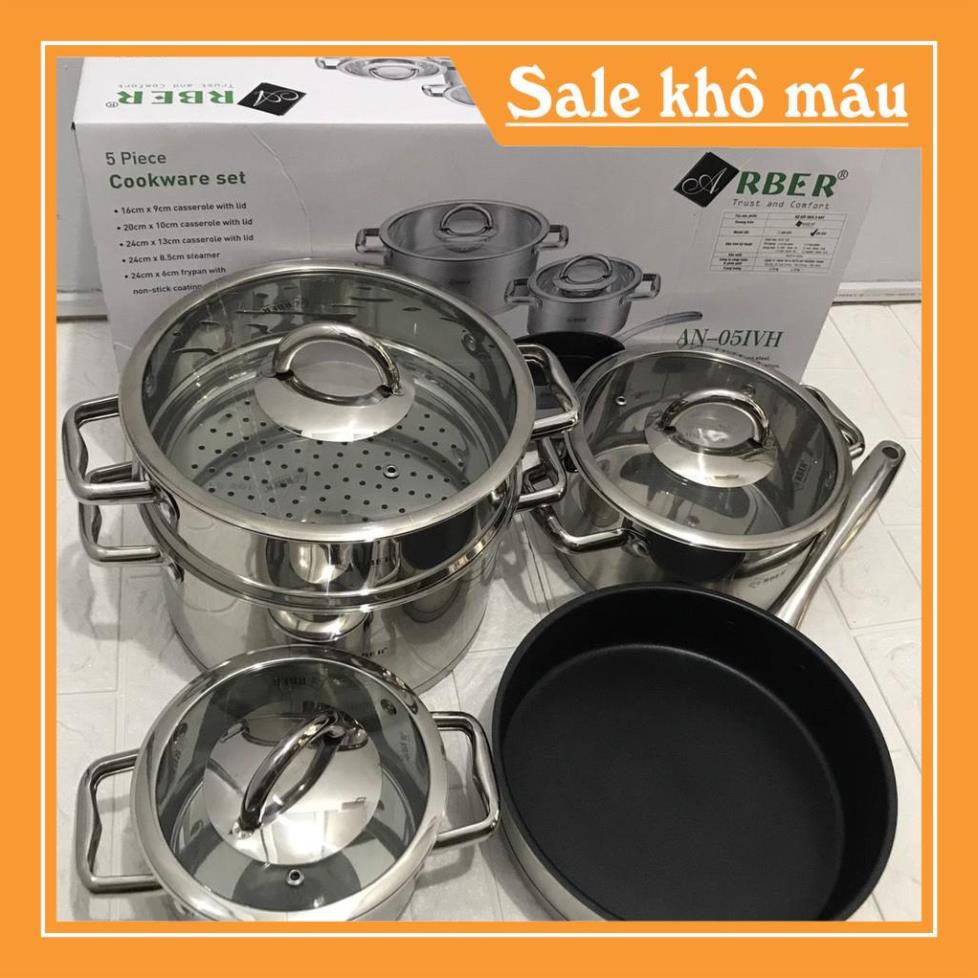 [Sẵn Hàng] Bộ Xoang Nồi Xửng Cao Cấp ARBER 5 Món AN-05IVH Inox 304 Chống Dính Cao Cấp Đáy 3 Lớp