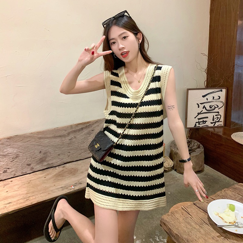 Đầm Dệt Kim Không Tay Họa Tiết Kẻ Sọc Phong Cách Hàn Quốc Thời Trang Mùa Hè Cho Nữ