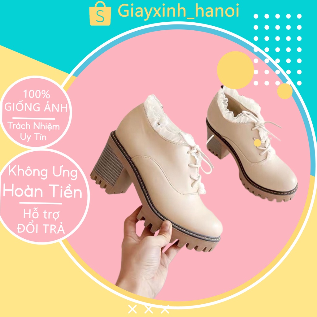Giày cao gót nữ phối ren đế vuông, Bốt nữ thấp cổ tiêu thư gót vuông sang chảnh phối ren hiện đại