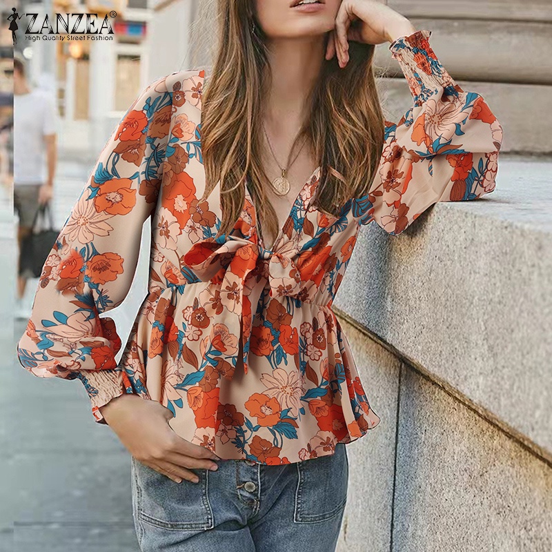 Áo kiểu ZANZEA cổ chữ V xẻ sâu tay dài dáng rộng in hoa thời trang dạo phố thường ngày quyến rũ cho nữ